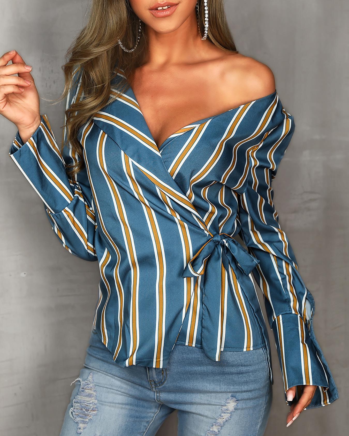 

Long Sleeve Tie Side Striped Irregular Blouse, Blue