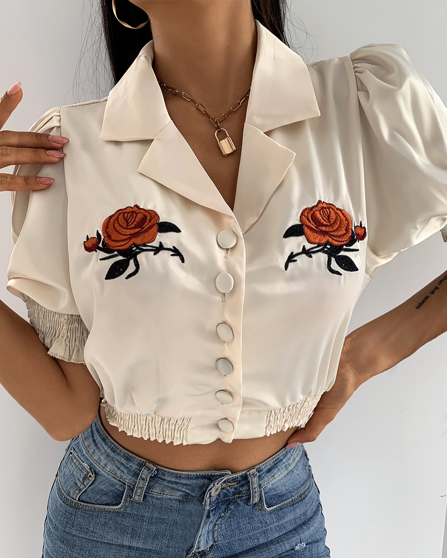 

Floral Pattern Puffed Sleeve Frill Hem Top, Pink
