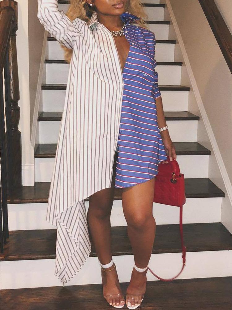 

Contrast Striped Patchwork Irregular Shirt Dress, White