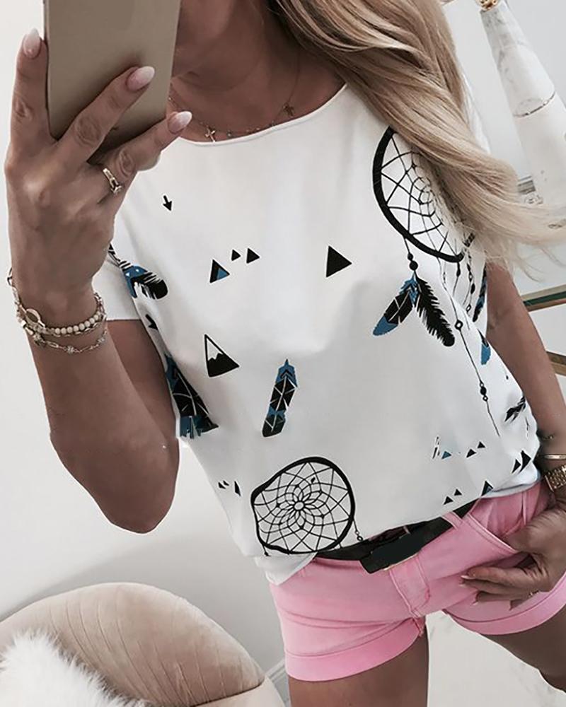 

Print Round Neck Short Sleeve T-shirt, White