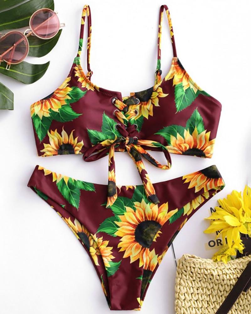 

Sunflower Print Eyelet Lace-Up Padded Bikini Set, Wine red