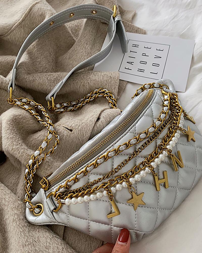 

Letter Chain Decor Zip Front Fanny Pack, Silver