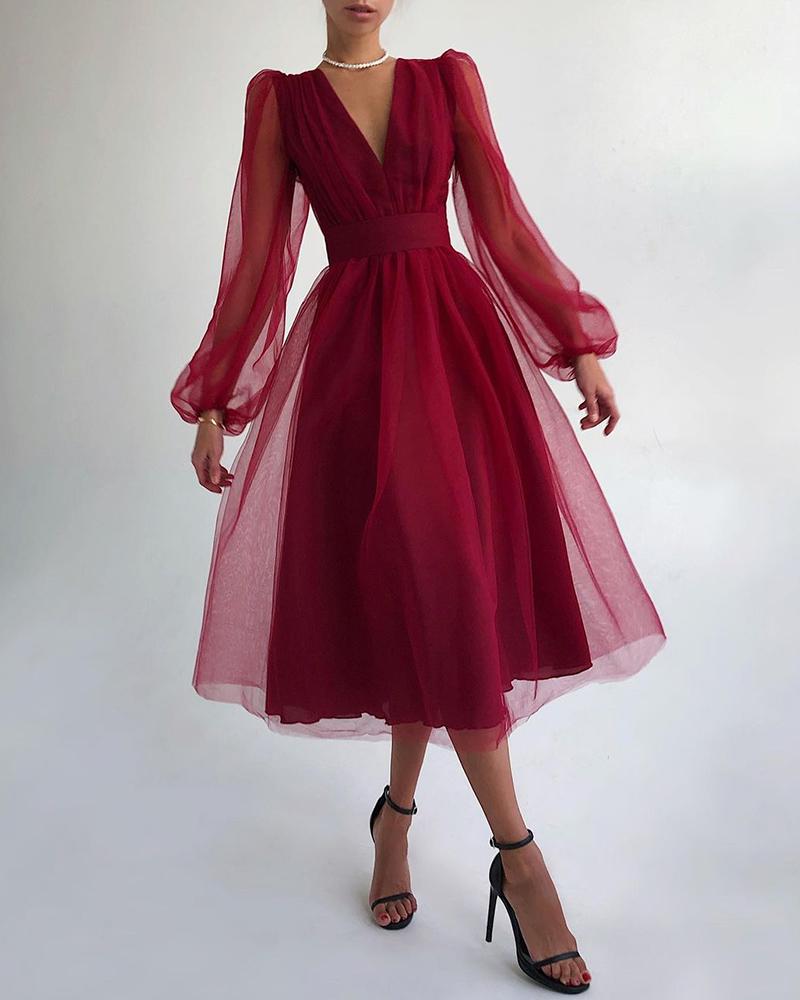 

Plain Sheer Mesh Puff Sleeve Ruched Evening Dress, Wine red