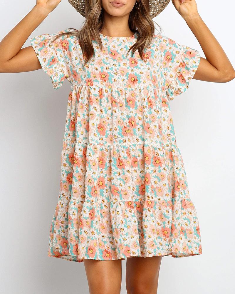 

Floral Print Ruffles Mini Dress, Pink