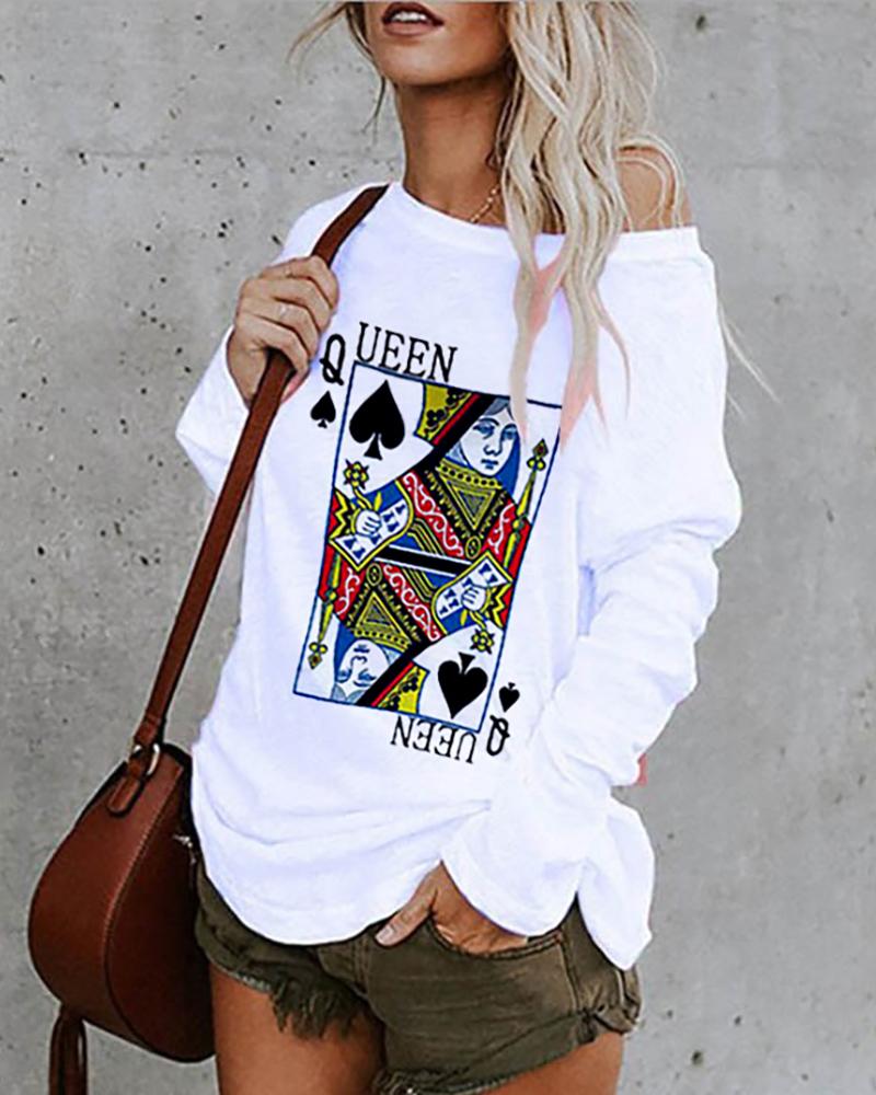 

Long Sleeve Poker Face Print Casual T-Shirt, White