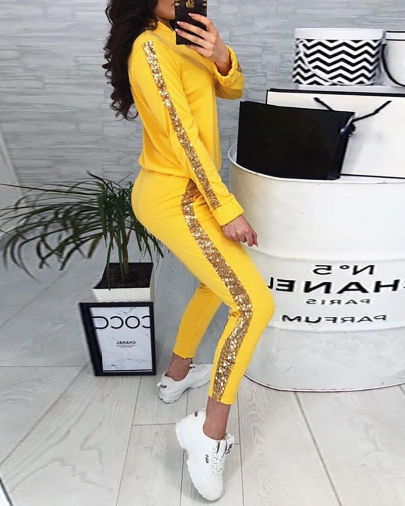 

Sequins Patchwork Zipped Top & Pencil Pant Sets, Yellow