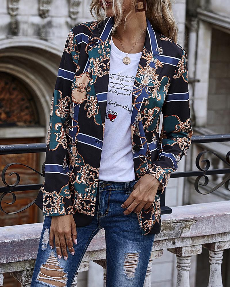 

Retro Print Long Sleeve Blazer Coat, Black