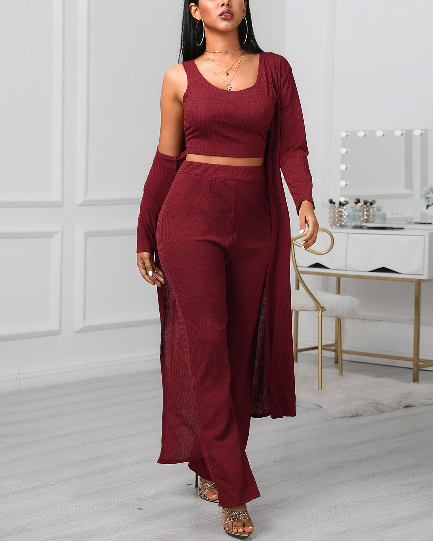 

Solid Ribbed Tank & Longline Coat & Wide Leg Pants Sets, Wine red