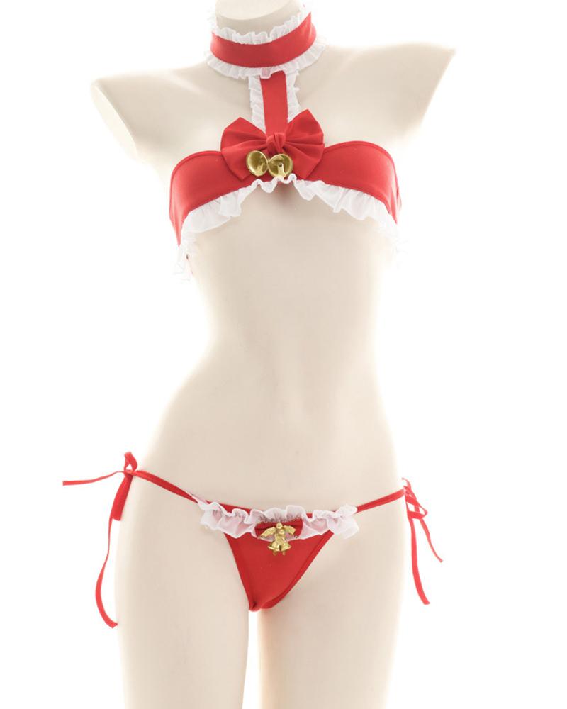 

Christmas Bowknot Ruffle Hem Tie Side Lingerie Costume, Red