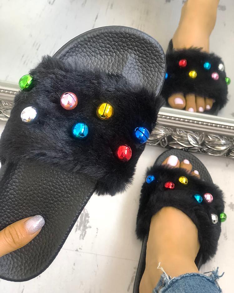 

Furry Bell Embellished Open Toe Flat Slippers, Black