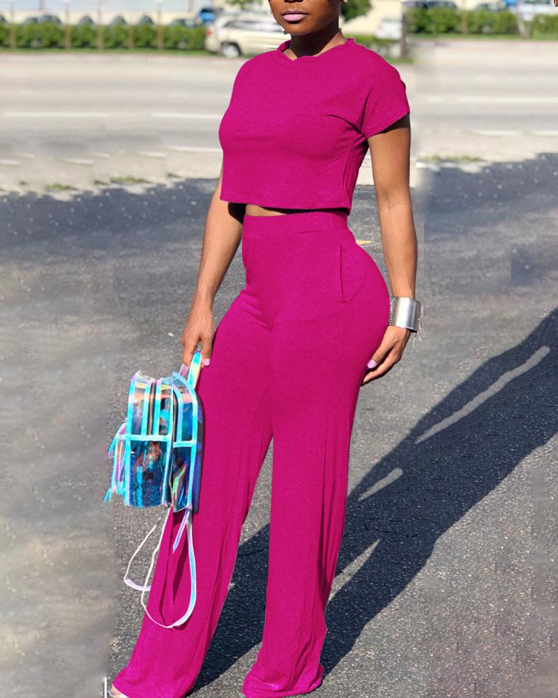 

Short Sleeve Crop Top & Pant Sets, Hot pink