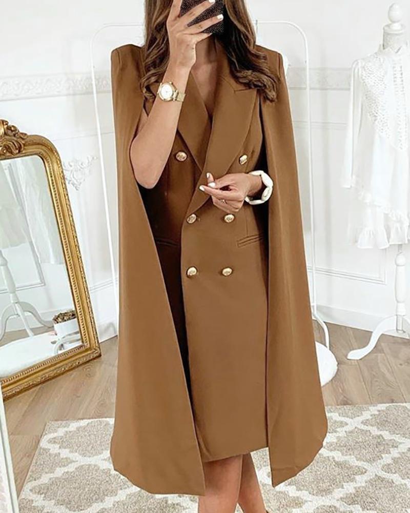 

Solid Cape Design Double Breasted Blazer Dress, Coffee