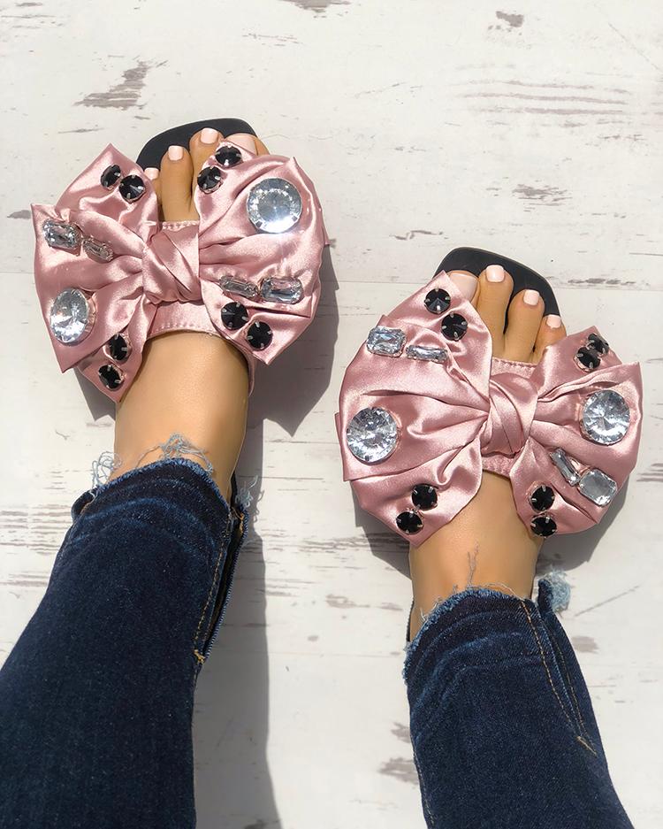 

Exaggerated Bowknot Shiny Decorated Flat Sandals, Pink