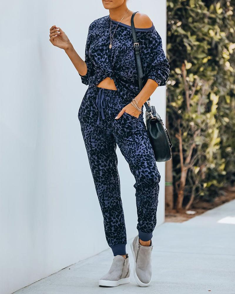 

Cheetah Print Top & Drawstring Pants Set, Blue