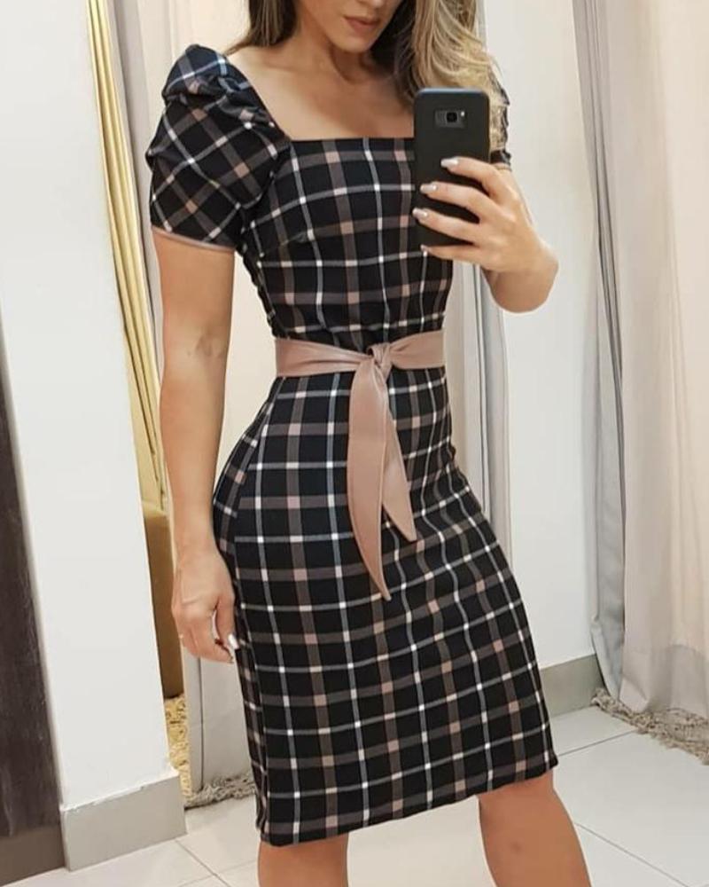 

Square Neck Grid Mini Dress, Black