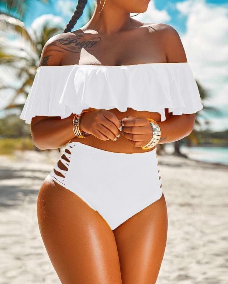 

Off Shoulder Ruffles Ladder Cut Out Bikini Set, White