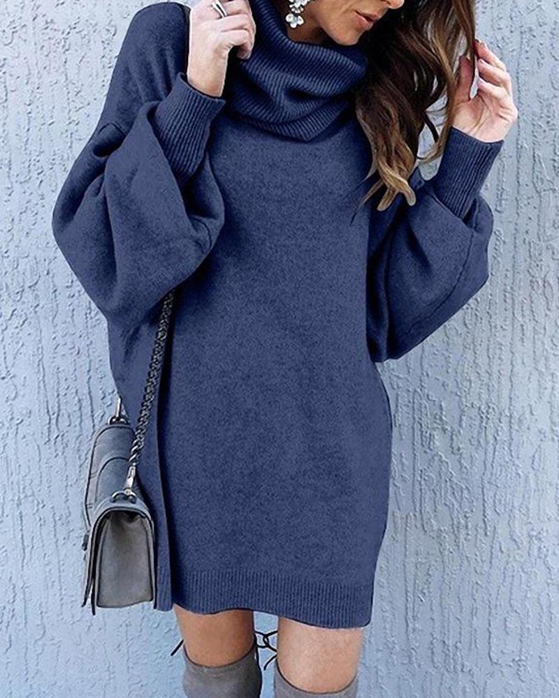 

Solid High Neck Sweater Dress, Blue