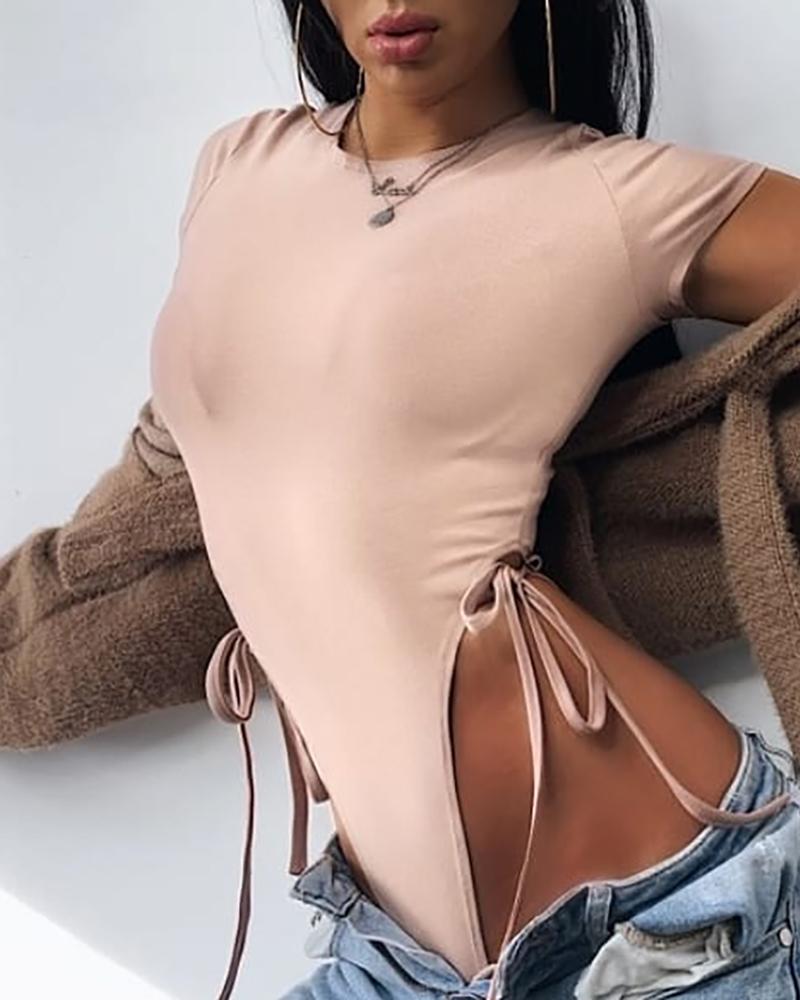 

Solid Tied Detail Round Neck Bodysuit, Nude