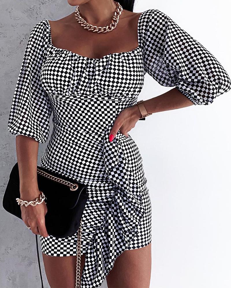

Gingham Print Half Sleeve Skinny Dress, Black&white
