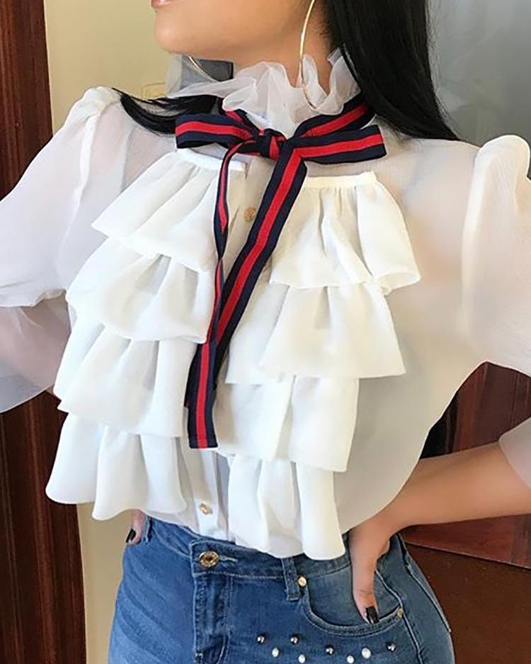 

Layered Ruffles Bow Tied Flared Sleeve Blouse, White