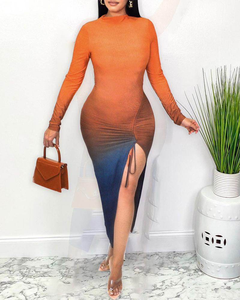 

Colorblock Long Sleeve Drawstring High Slit Dress, Yellow