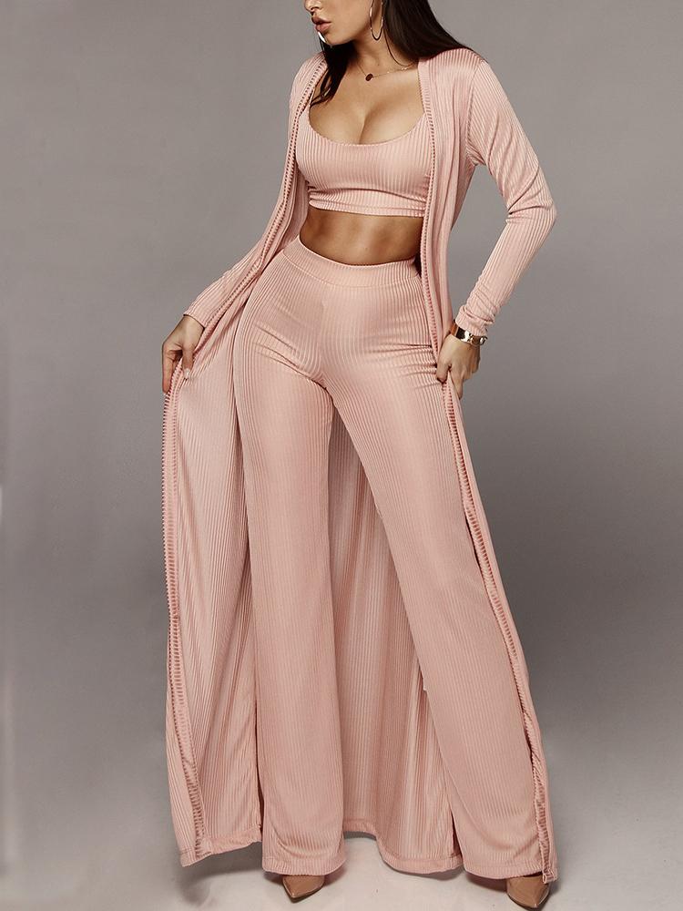 

3PCS Solid Cami Top & Coat & Wide Leg Pants Set