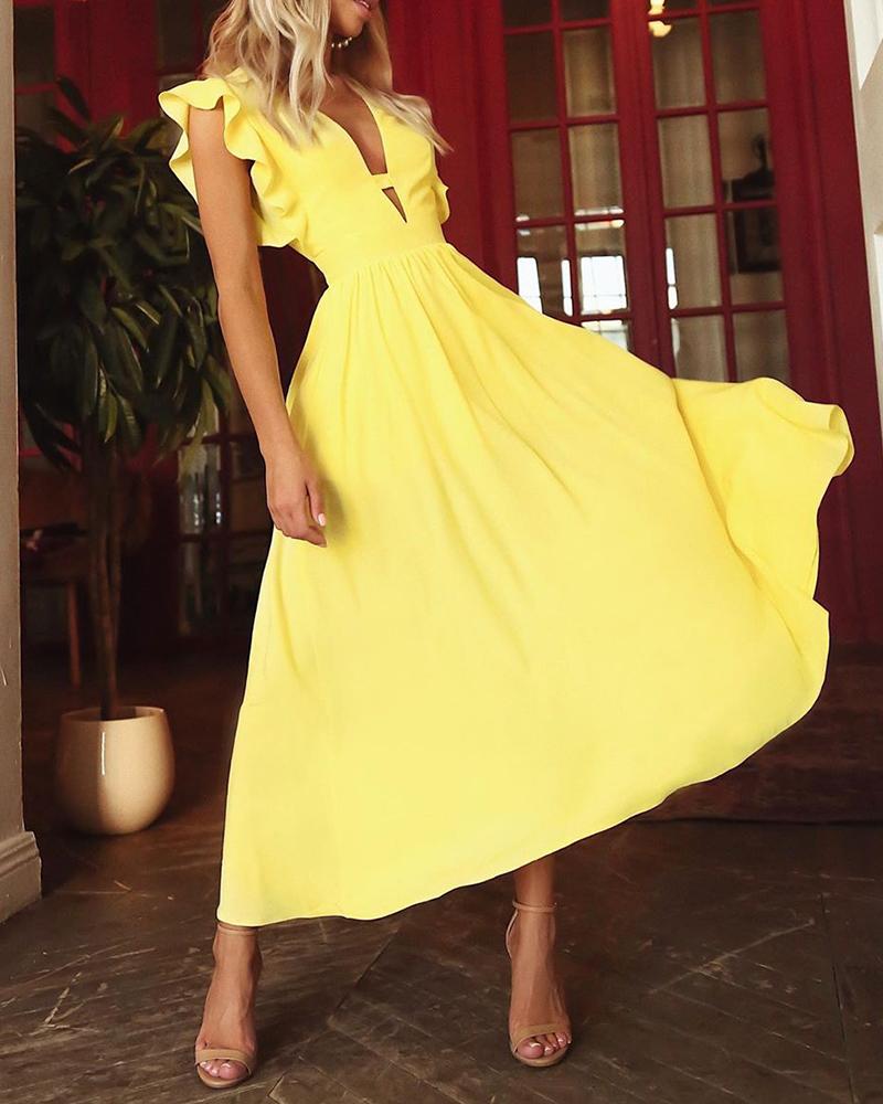 

Solid Ruffle Trim Fit & Flare Dress, Yellow