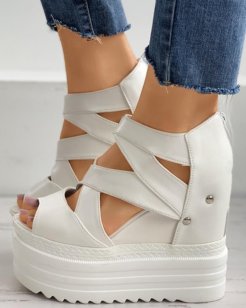 

Peep Toe Cutout Platform Wedge Sandals, White