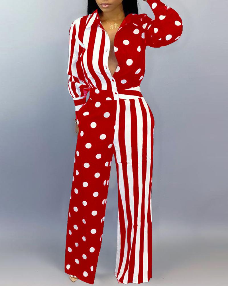 

Striped Polka Dot Print Buttoned Wide Leg Jumpsuit, Wine red