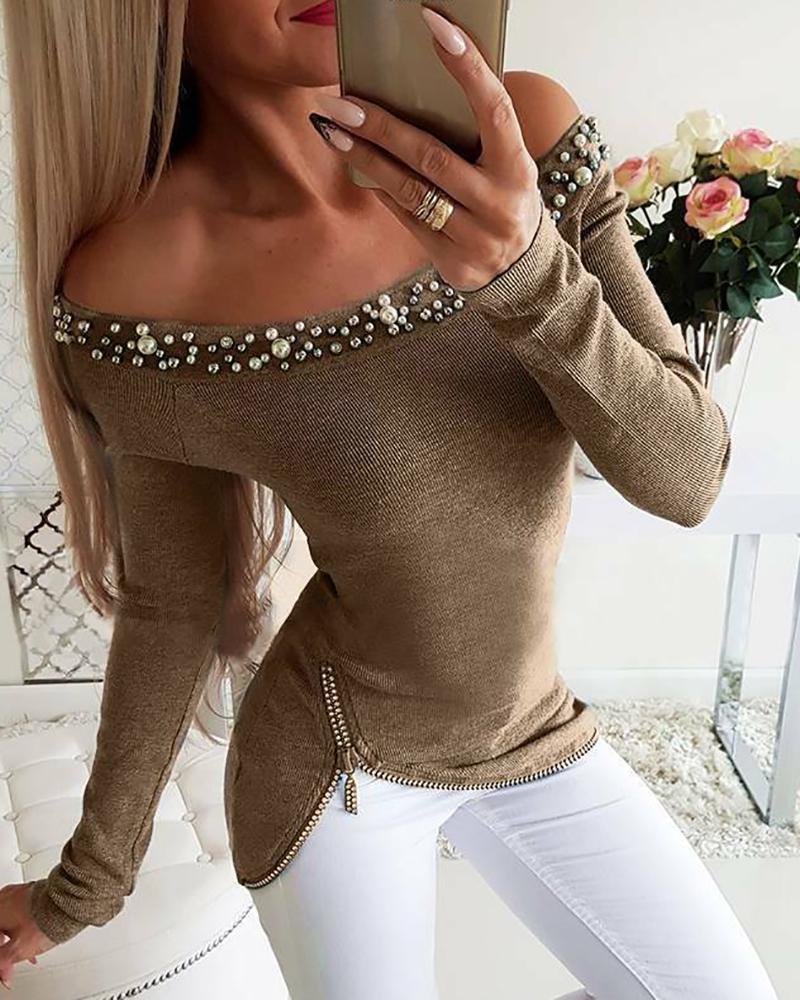 

Off Shoulder Beaded & Zipper Design Top, Khaki