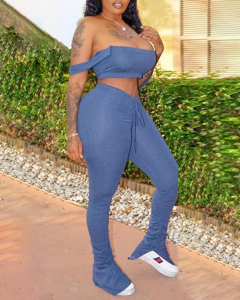 

Solid Thick Strap Casual Top & Drawstring Pants, Blue