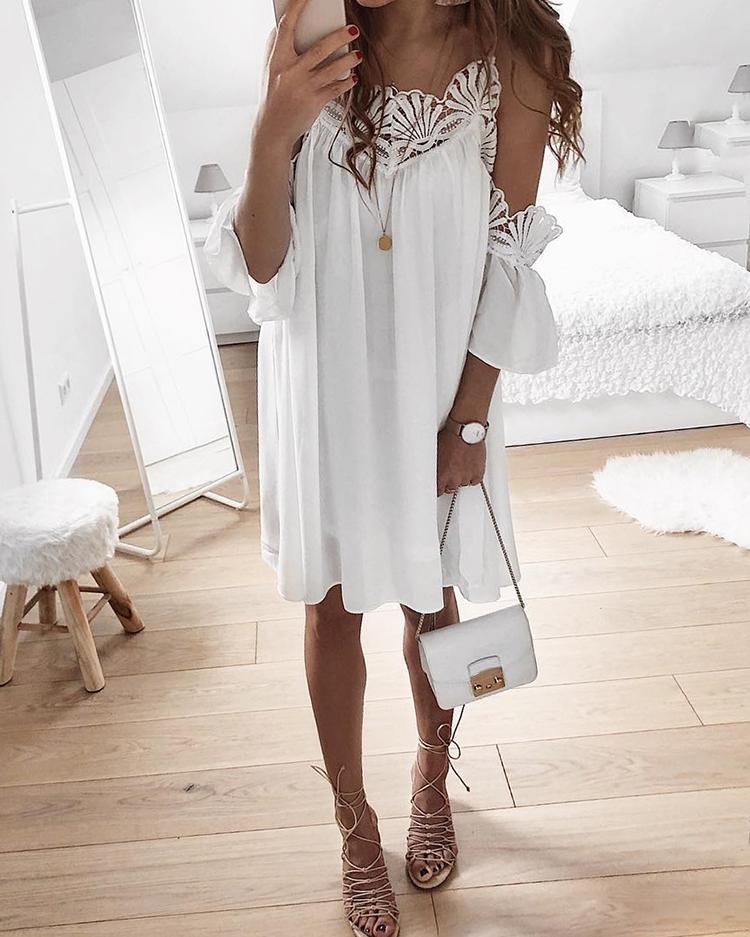 

Guipure Lace Cold Shoulder Casual Dress, White