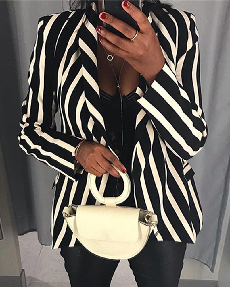 

Striped Long Sleeve Pocket Design Blazer, Black