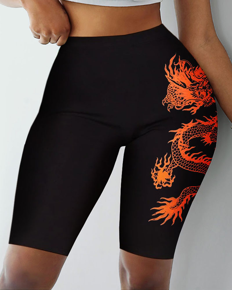 

High-Rise Dragon Print Biker Shorts, Black