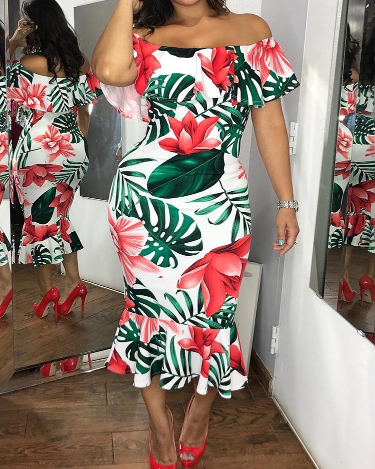 

Floral Print Off Shoulder Ruffle Hem Bodycon Dress, White
