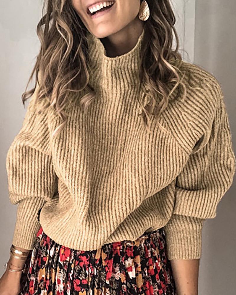 

Solid High Neck Long Sleeve Ribbed Knitting Sweater, Khaki