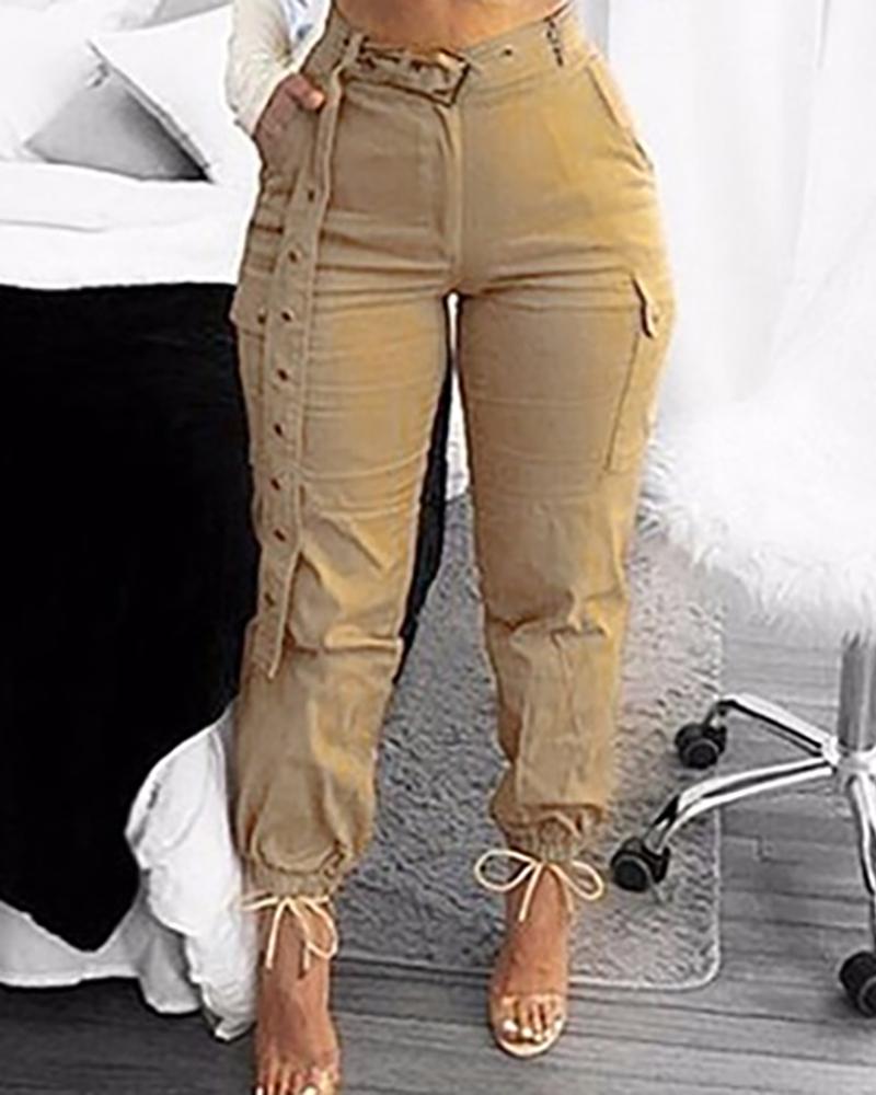 

Solid High Waist Pocket Design Cuffed Pants, Khaki