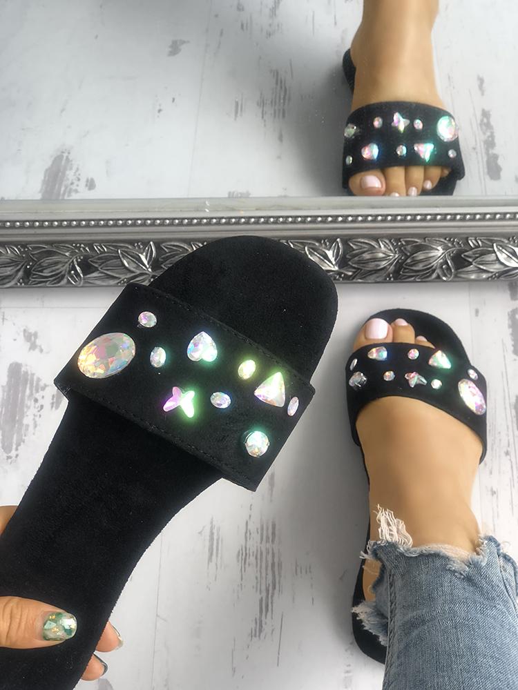 

Shiny Embellished Peep Toe Flat Sandals