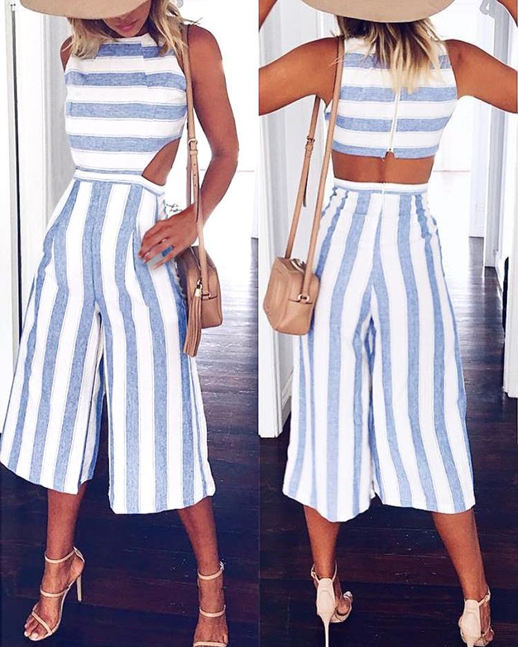 

Fashion Chunky Stripes Cutout Wide Leg Jumpsuit
