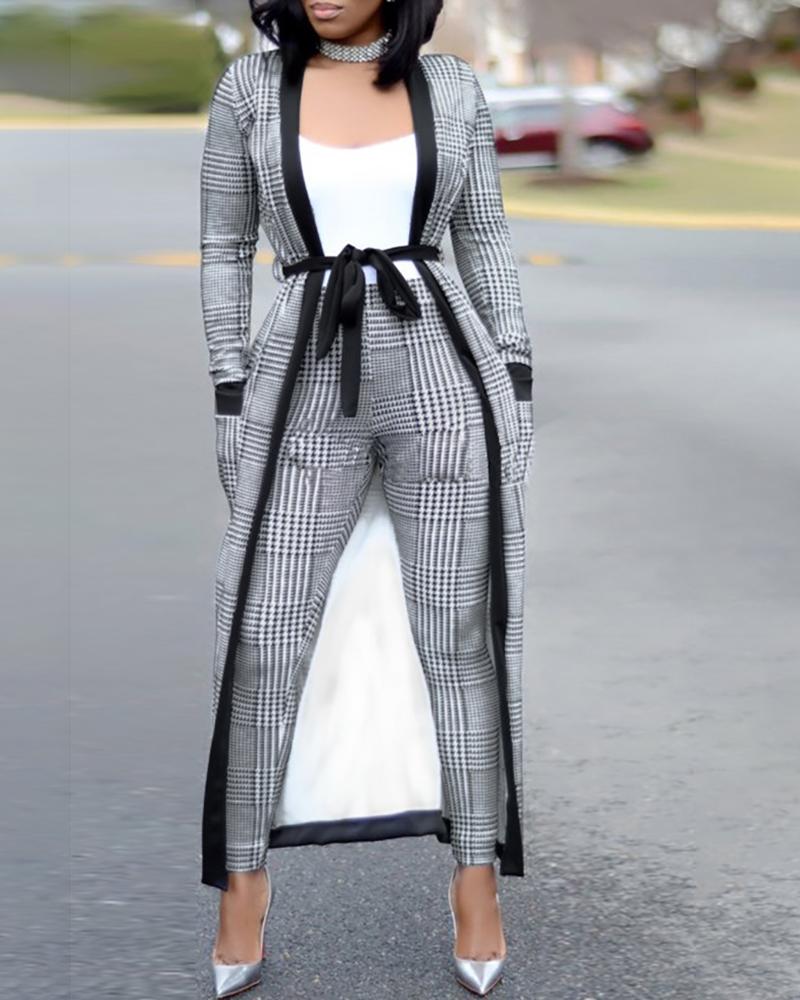 

Plaid Open Front Longline Coat & Pants Sets, Gray