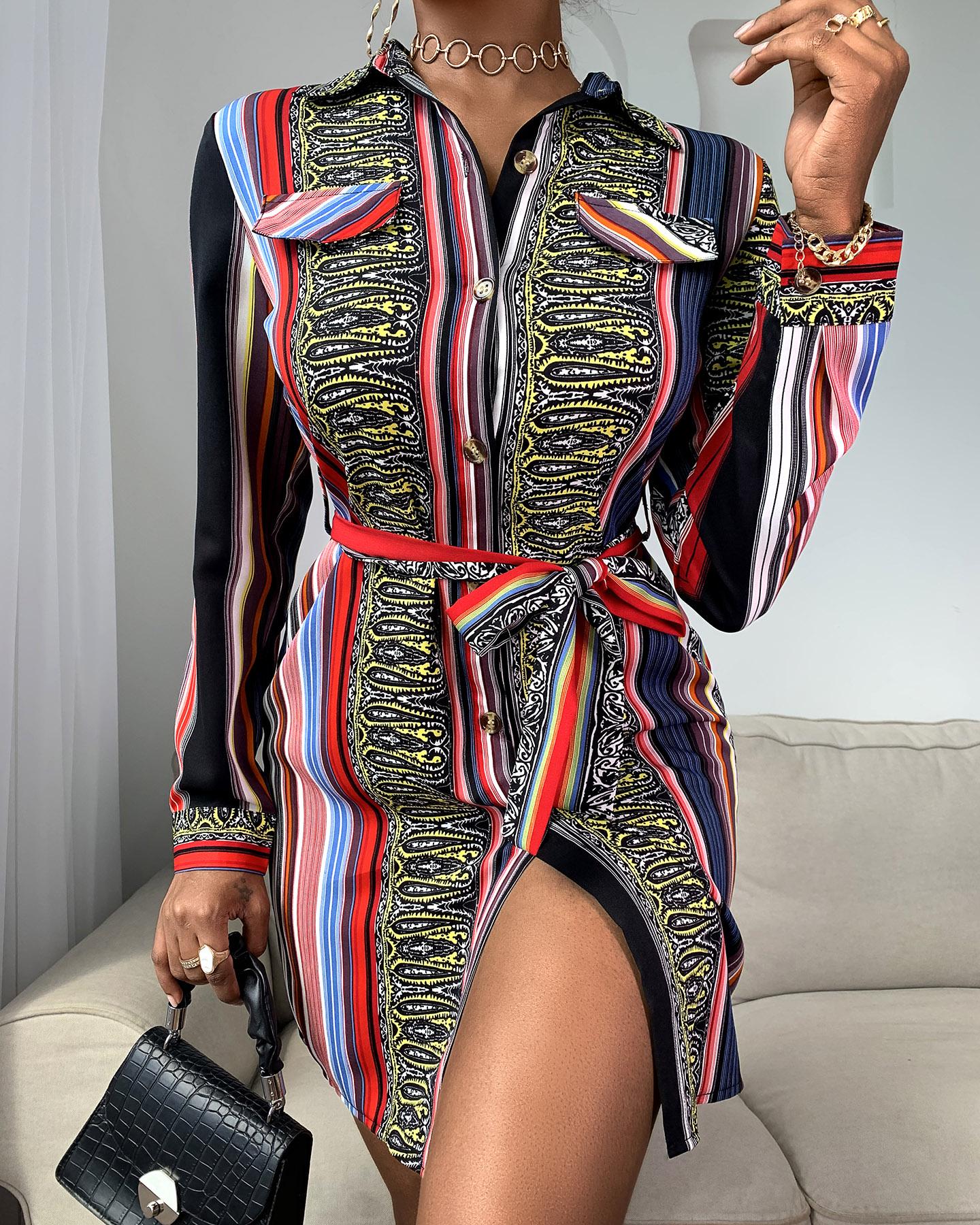 

Colorblock Pocket Design Slit Shirt Dress, Green