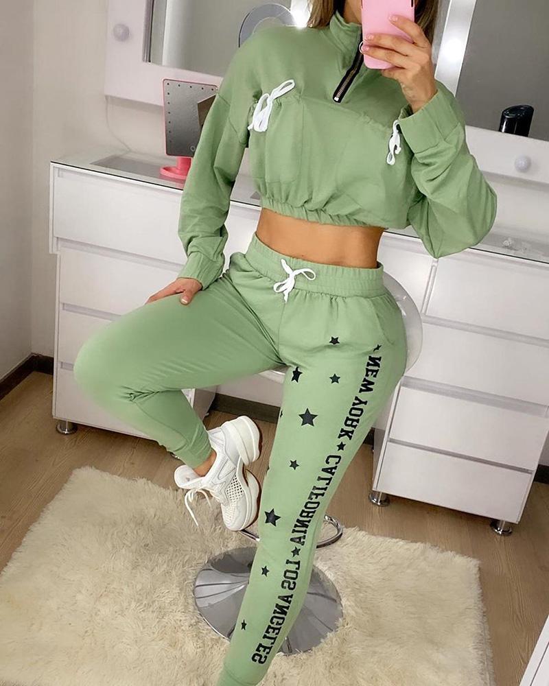 

Zipper Design Top & Star Letter Print Drawstring Pants Set, Green