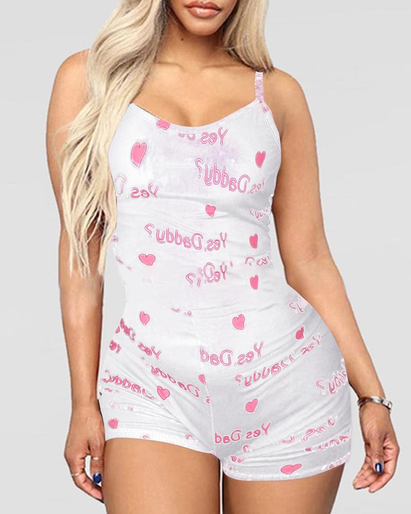

Heart Letter Print Functional Buttoned Flap Adults Pajamas, White