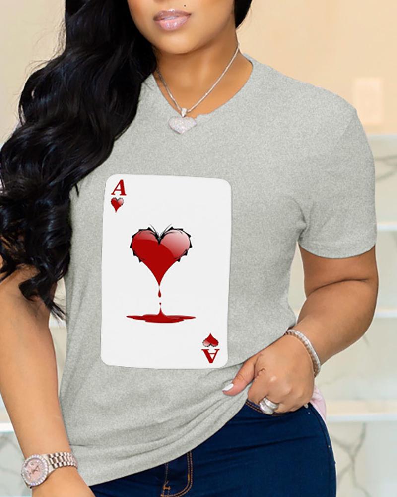 

Heart Poker Print Short Sleeve Casual T-shirt, Gray