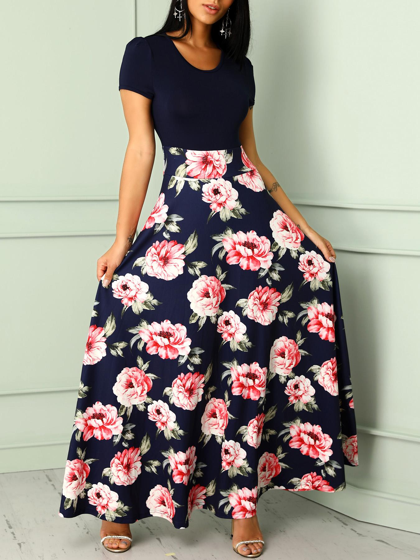 

Floral Print Splicing Short Sleeve Maxi Dress, Purplish blue