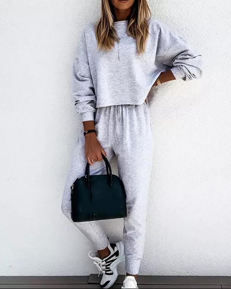 

Solid Top & High Waist Pants Set, Gray