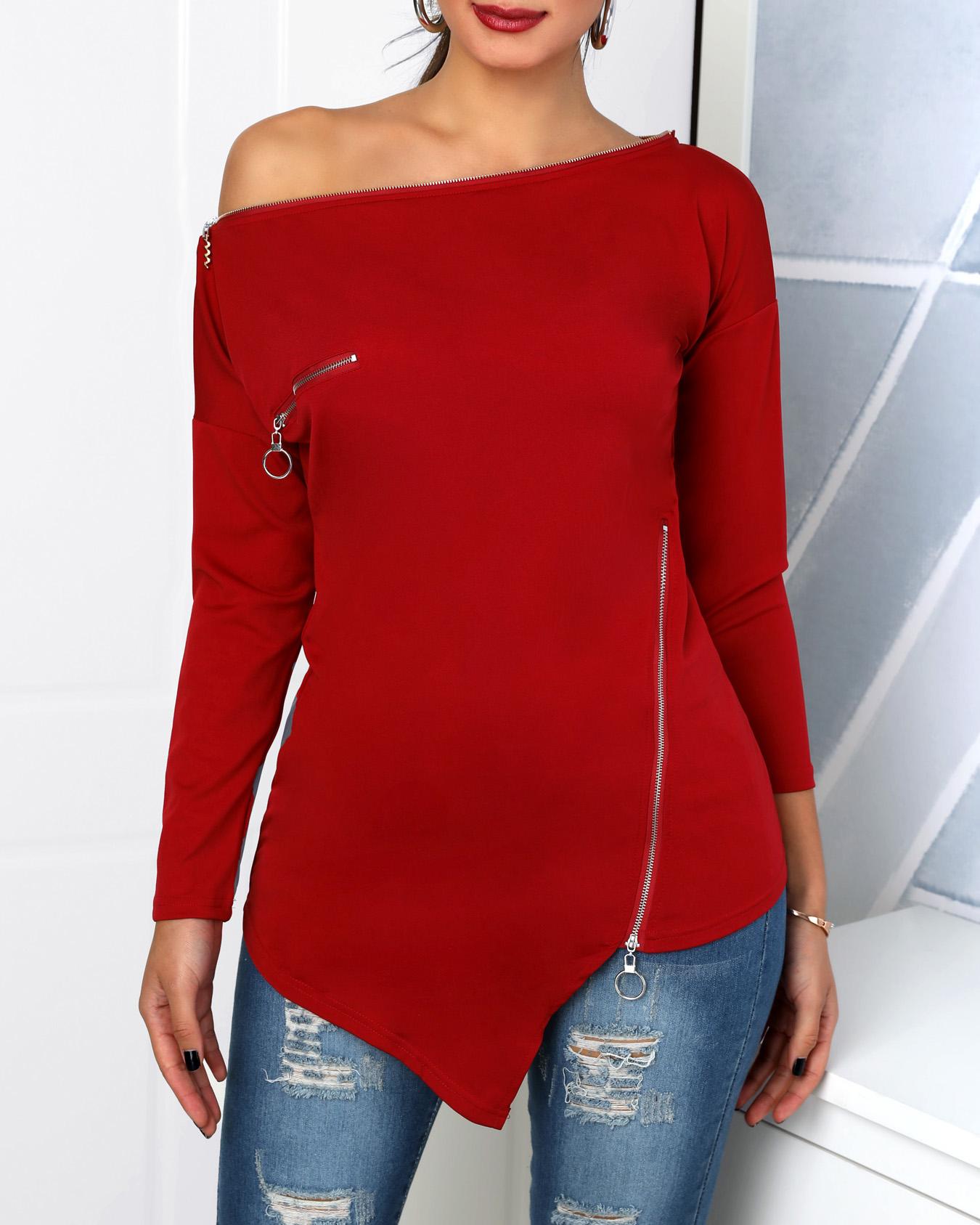 

Zipper Design Skew Neck Irregular T-Shirt