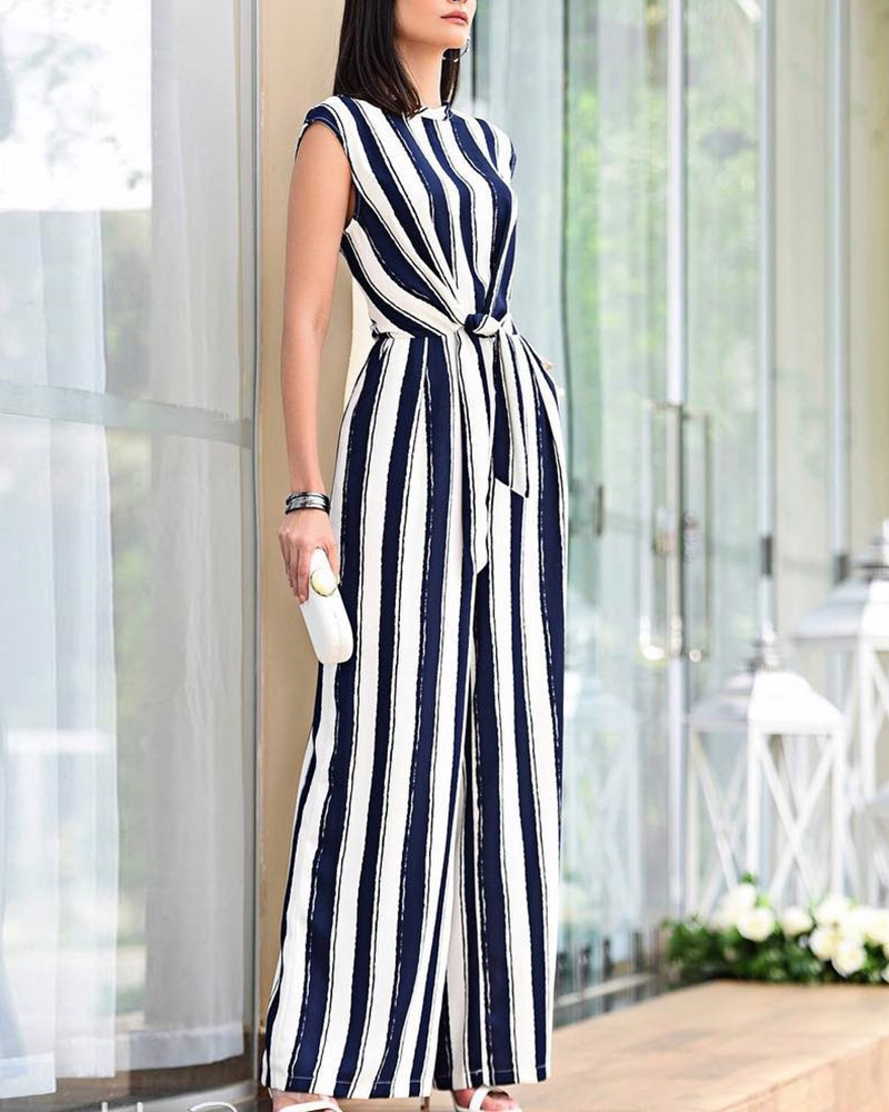 

Sleeveless Striped Knotted Front Jumpsuit, Dark blue