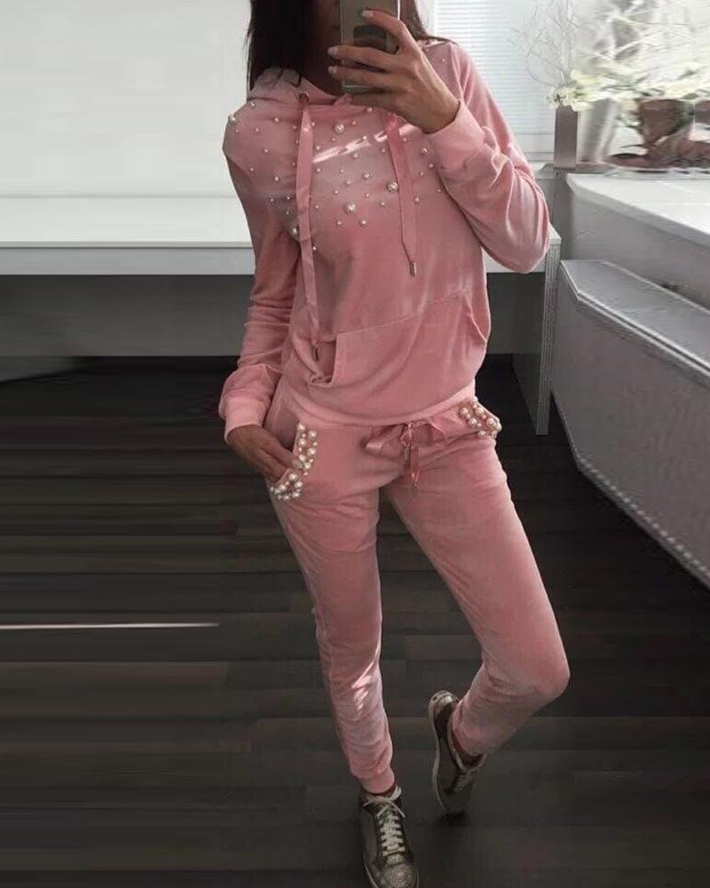 

Beaded Hooded Drawstring Sweatshirt & Pants Sets, Pink