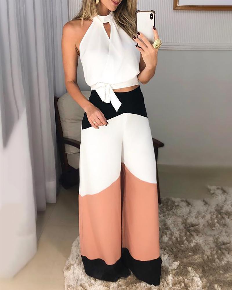 

Knotted Cutout Front Top & Colorblock Pant Sets, White